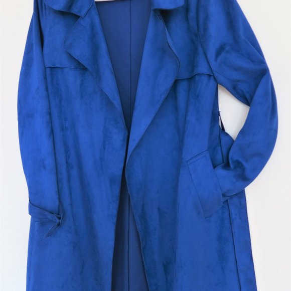 Blue faux suede material AMARYLLIS medium trench coat with matching belt - Picture 3 of 11
